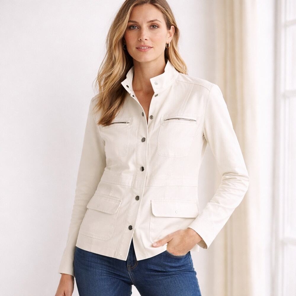 Nordstrom Collection Linen Blend Snap Front Utility Jacket White M NWT